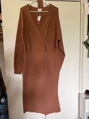 Brown Wrap-Front Knit Dress - Unbranded